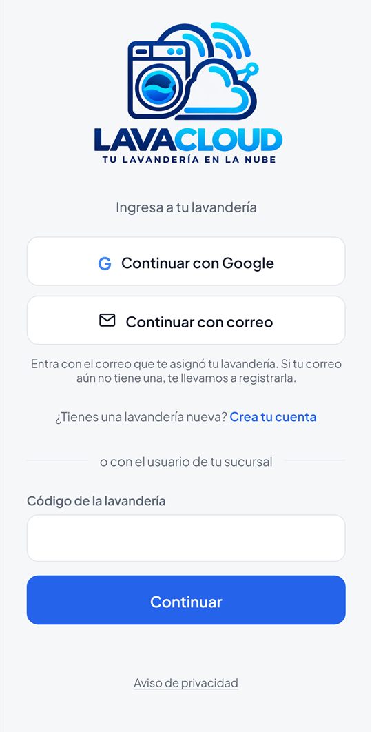 Pantalla de ingreso de la app con Google, correo o el usuario de la sucursal
